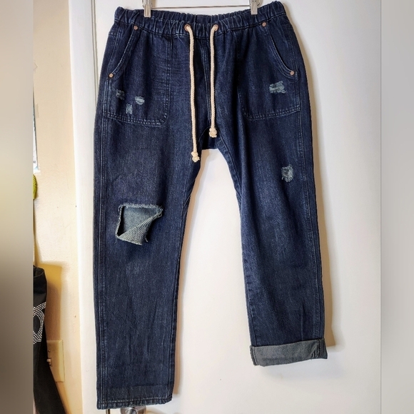 ONETEASPOON Shabbies Drawstring Boyfriend Jeans Distressed Fox Black Size XL - Picture 2 of 16